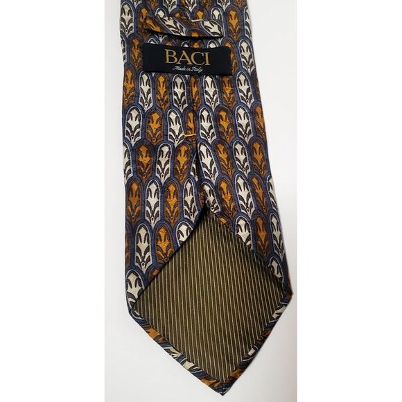 BACI Italy Necktie 100% Silk Feather Medallion Print Taupe/Gold/Steel Blue Tie - Picture 11 of 12